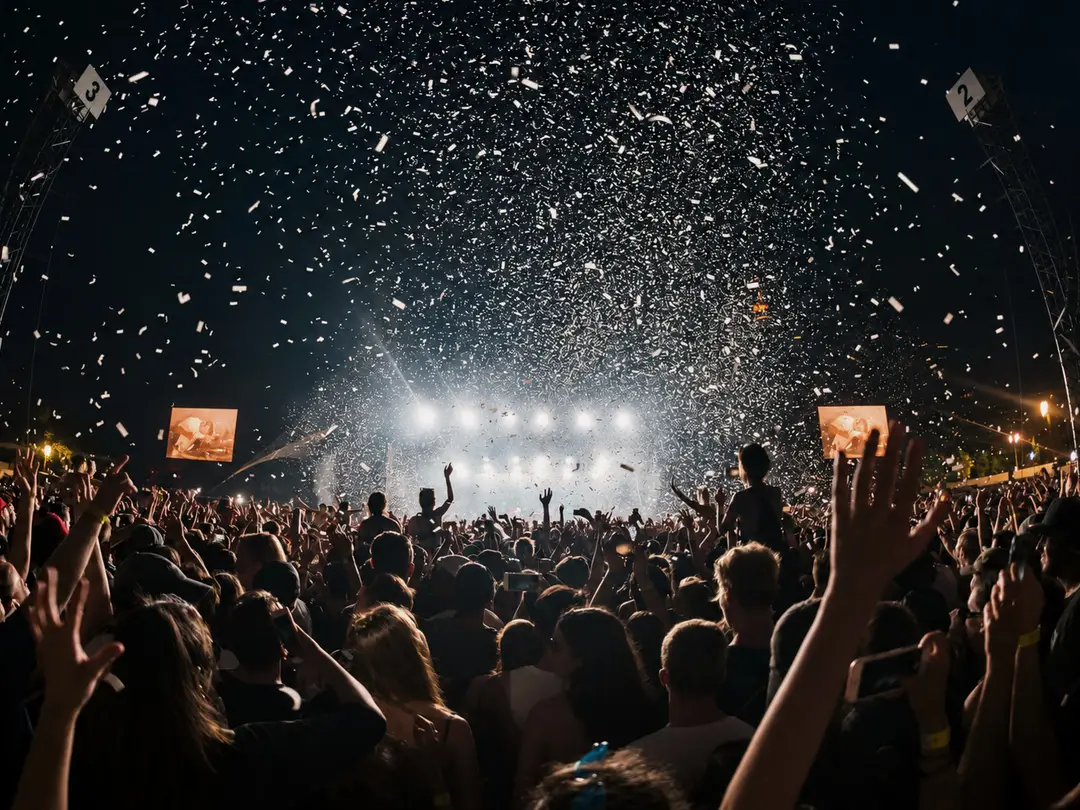 A crowd at a night-time concert with confetti in the air and bright stage lights ahead