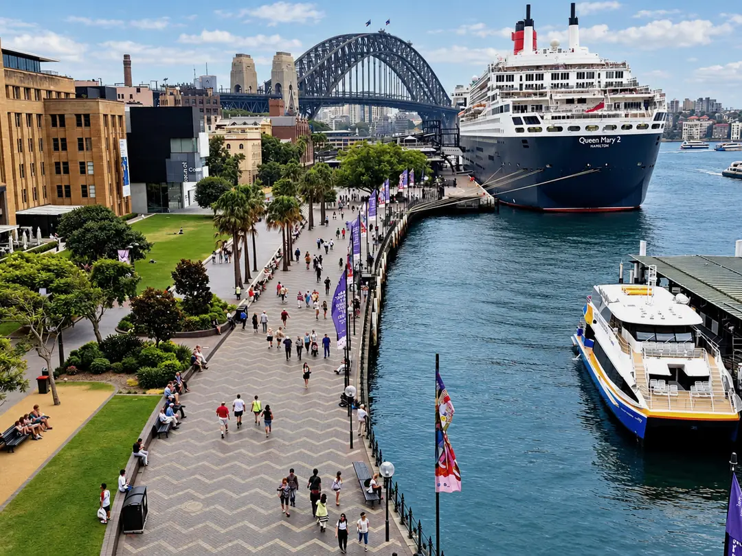 A cruise ship berthed beside the Sydney Harbour Bridge, with people on the waterfront promenade and a ferry at a wharf.